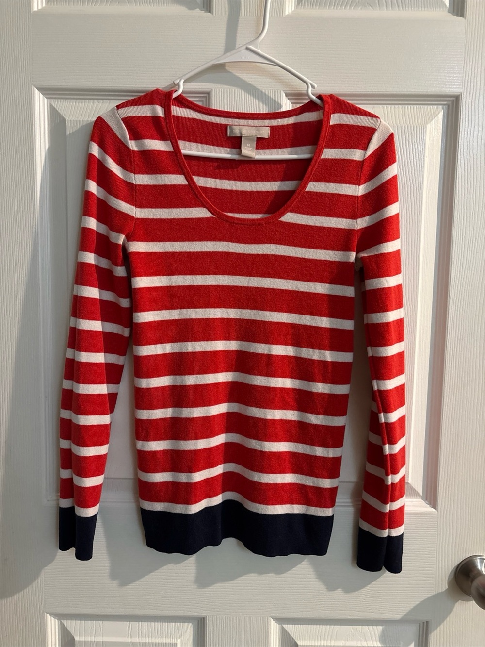 Banana Republic Red and White Striped Scoop Neck Sweater with Navy Hem